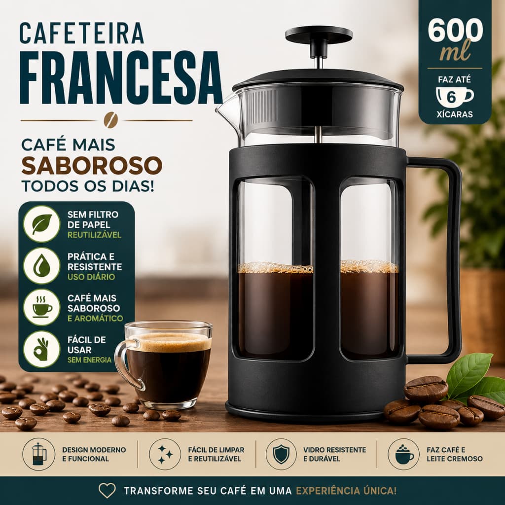 Cafeteira Prensa Francesa 600ml Premium Filtro Inox Reutilizável Café Chá Espumador de Leite - Aviv