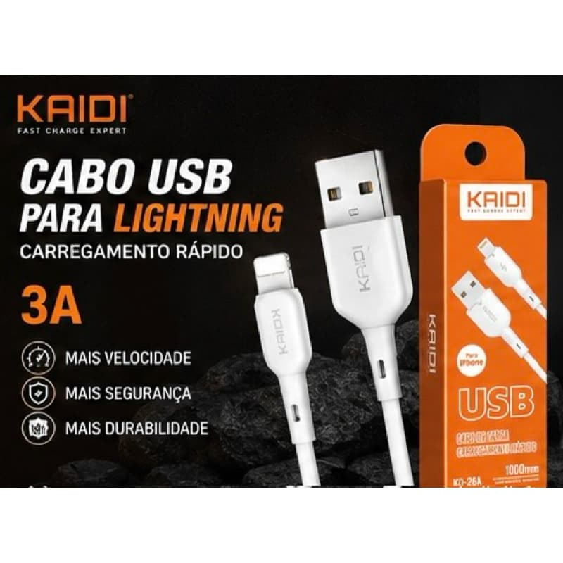Cabo USB para Lightning iPhone 3A 1 Metro Carregamento Rápido Reforçado Compatível iPhone Kaidi
