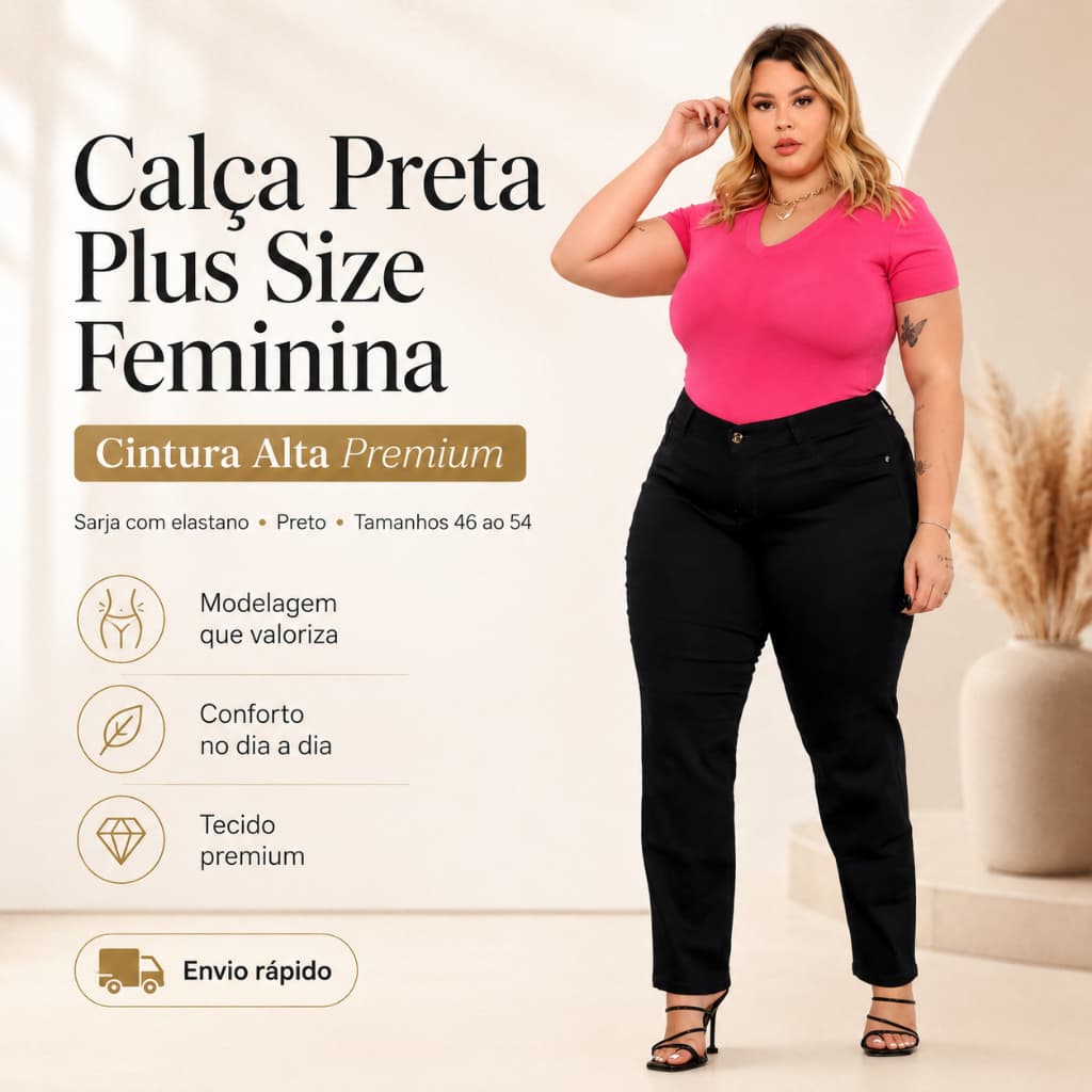 Calça Preta Plus Size feminina cintura alta premium