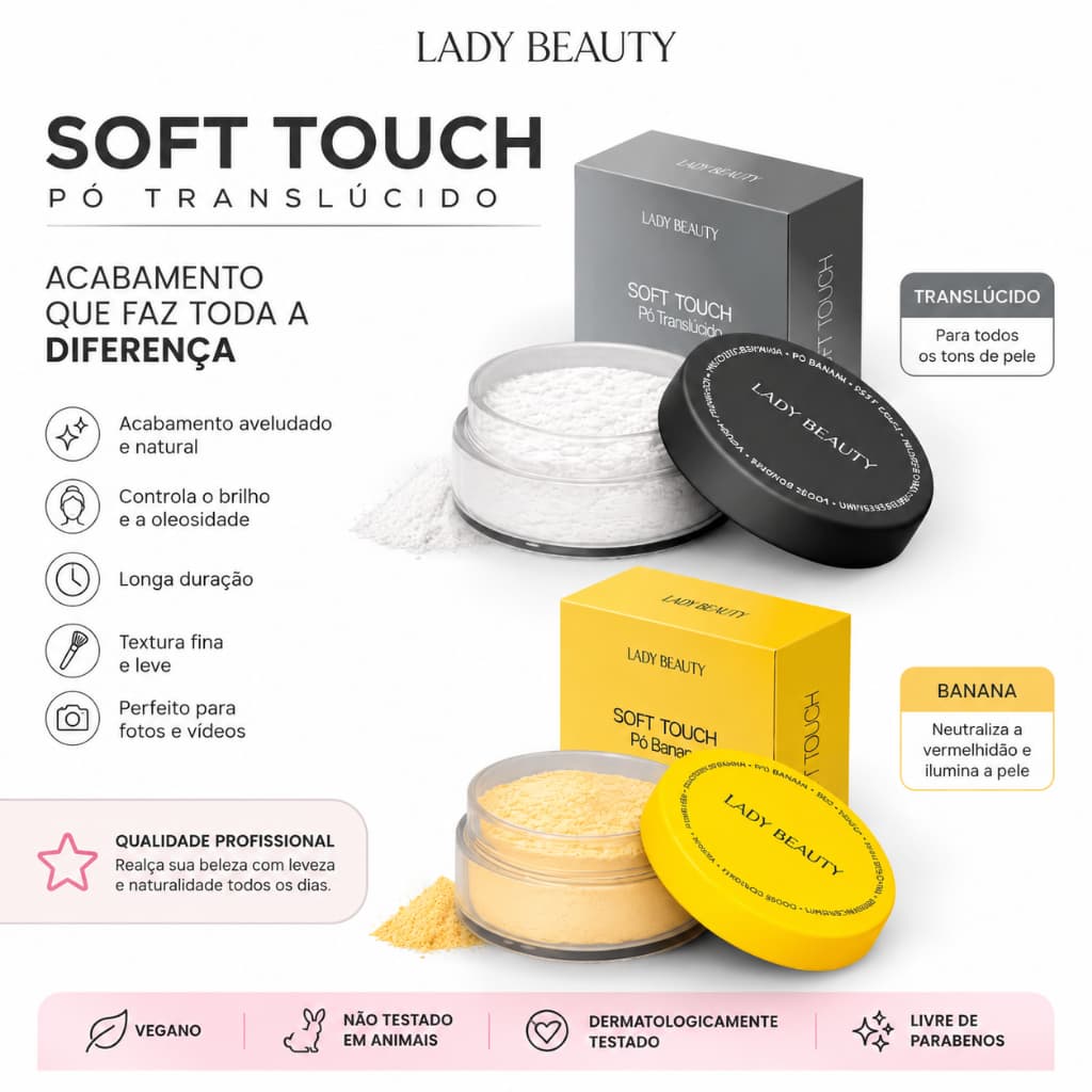 Kit pó banana+ pó Translúcido Soft Touch Acabamento profissional LadyBeauty