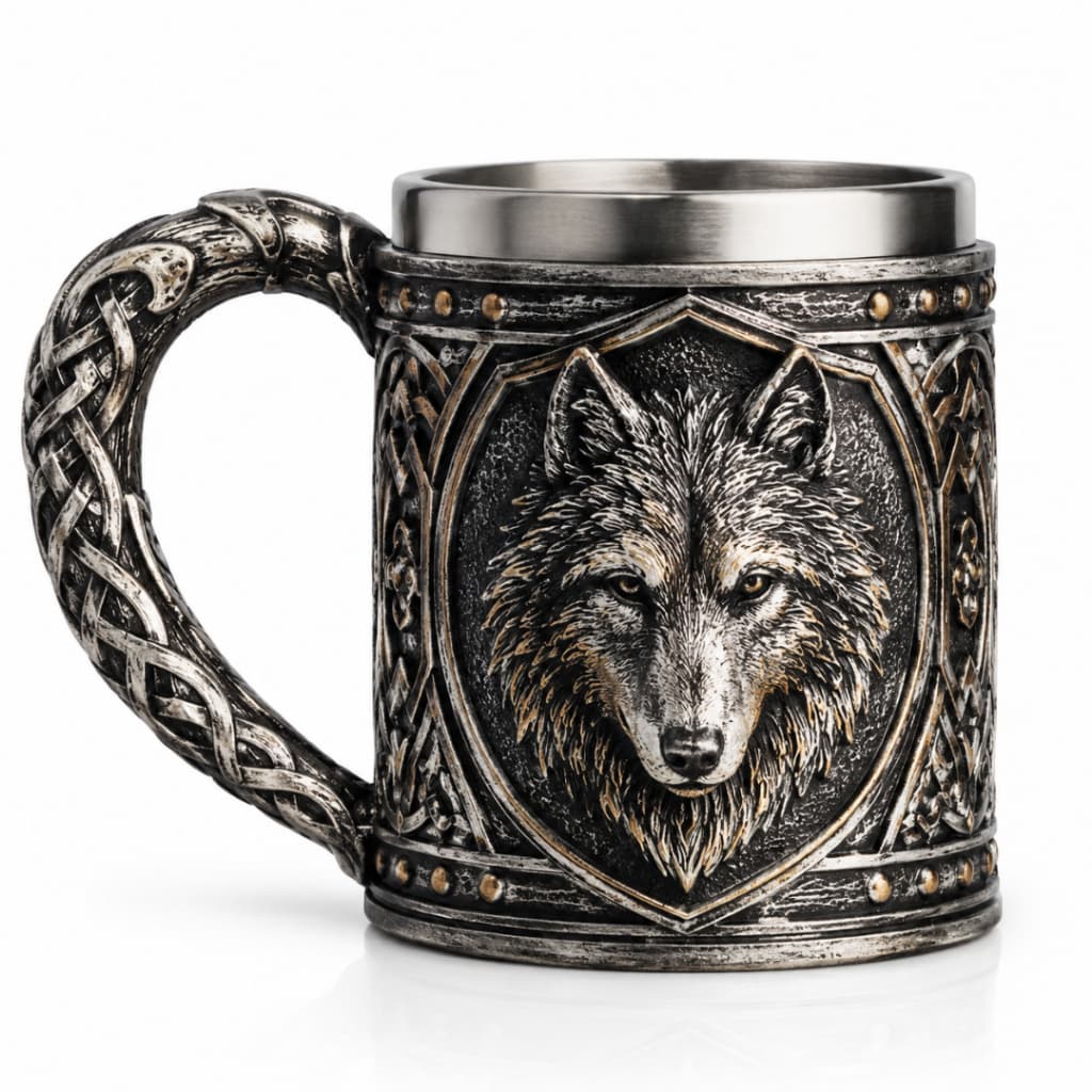 Caneca Viking Lobo Medieval em Resina com Interior Inox para Cerveja 400 ml