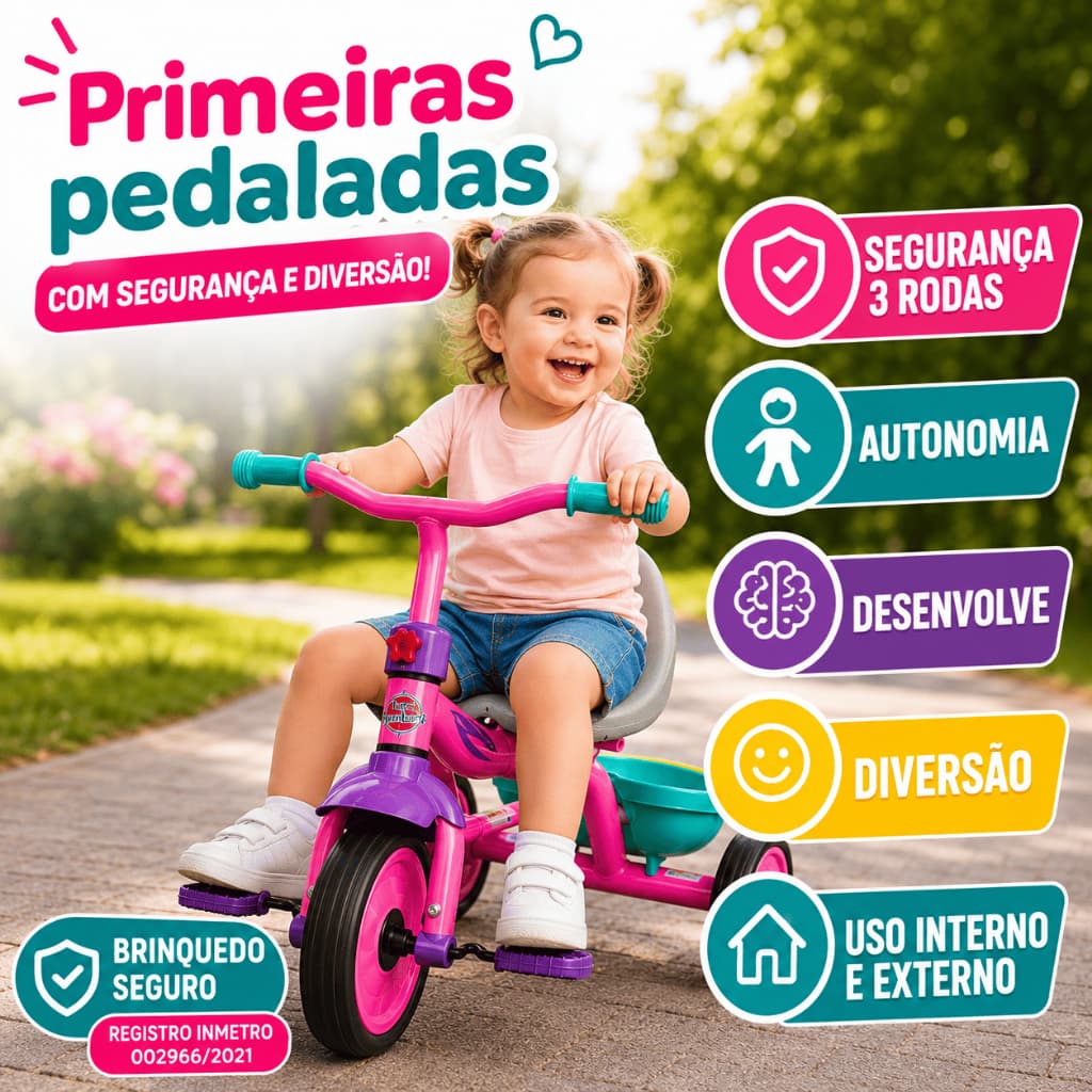 Triciclo Bicicleta Infantil 3 Rodas Com Pedal Para Criança Até 30kg Inmetro Com Cestinha Forte