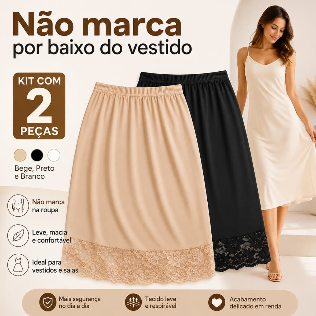 Kit 2 Saias Anágua Segunda Pele Feminina Não Marca Para Vestido Evangélico Saiote Anti Transparência Preto Bege Branco