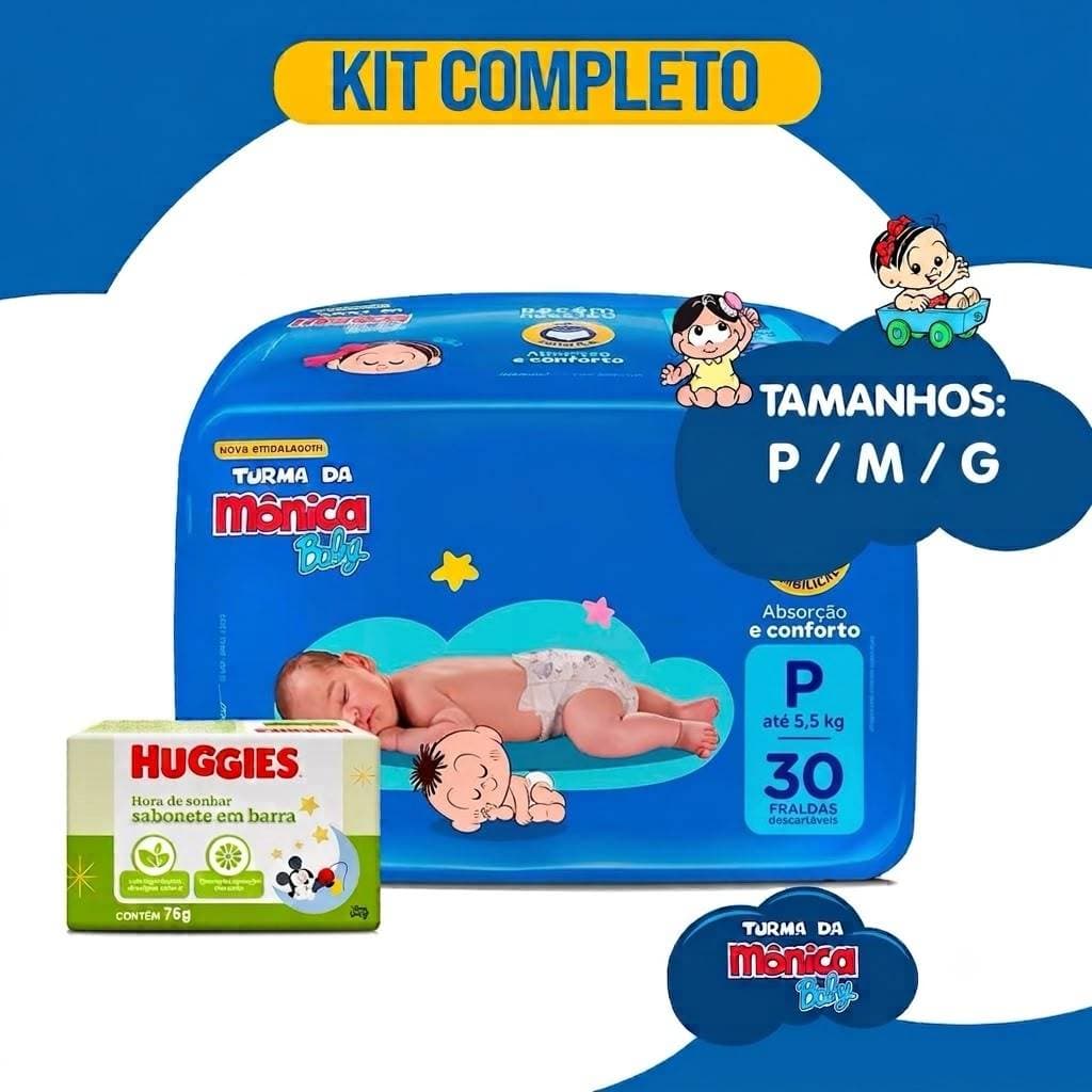 Kit 3 Pacotes de Fralda Turma da Mônica P M G + Sabonete Infantil Em Barra