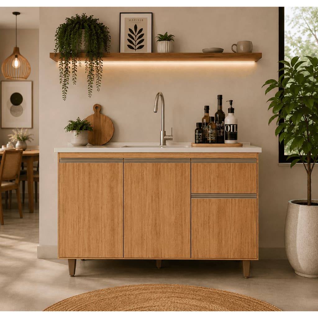 Balcão para Pia de Cozinha Marrom Cedro MDP 120cm Sem Tampo Armário Cozinha Gabinete 3 Portas Gaveta