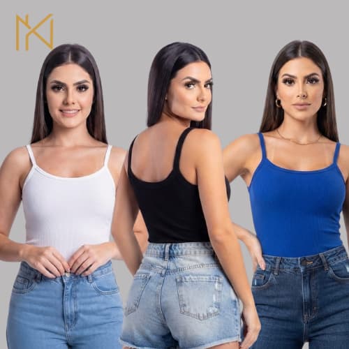 Regata Feminina de Alcinha Canelada Básica Casual Kit ou Avulso P ao GG NAYKLÊ