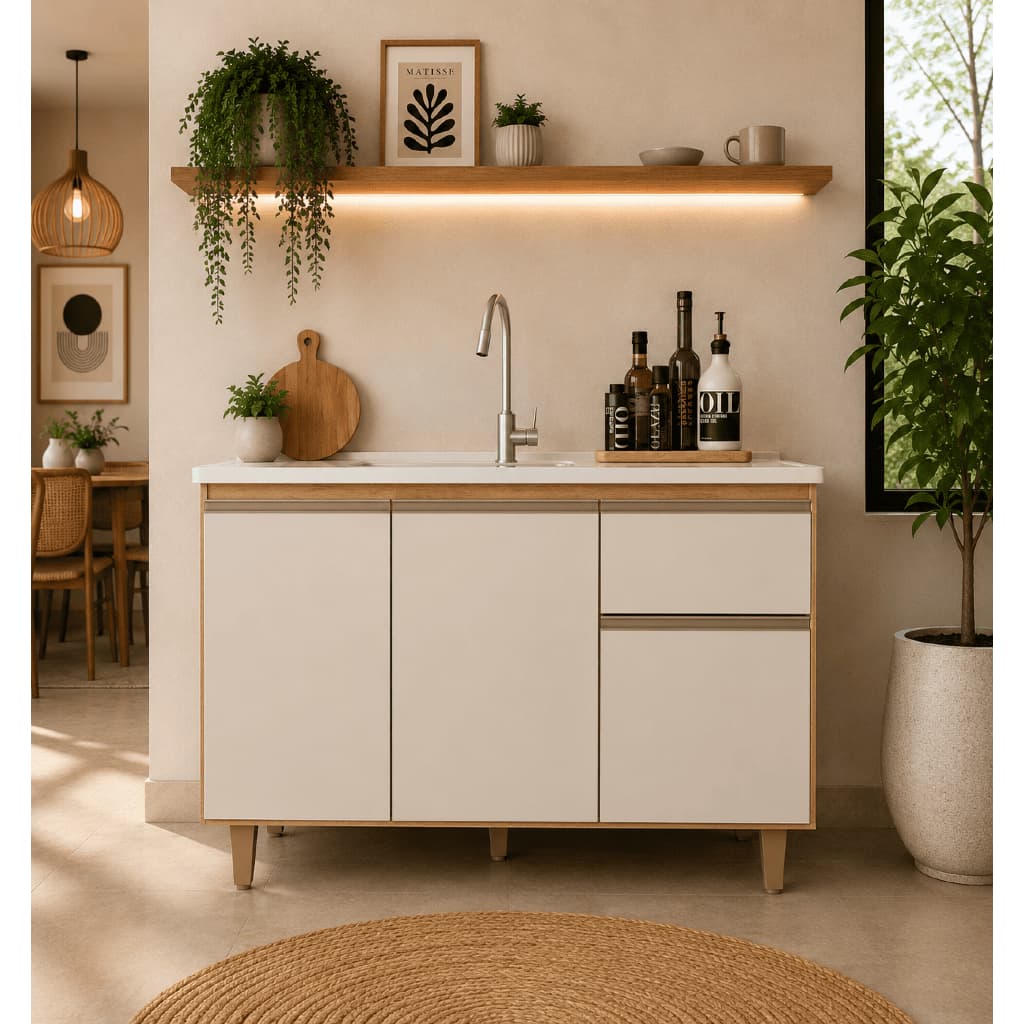 Balcão para Pia de Cozinha MDP 120cm Sem Tampo Armário Cozinha Gabinete 3 Portas 1 Gaveta