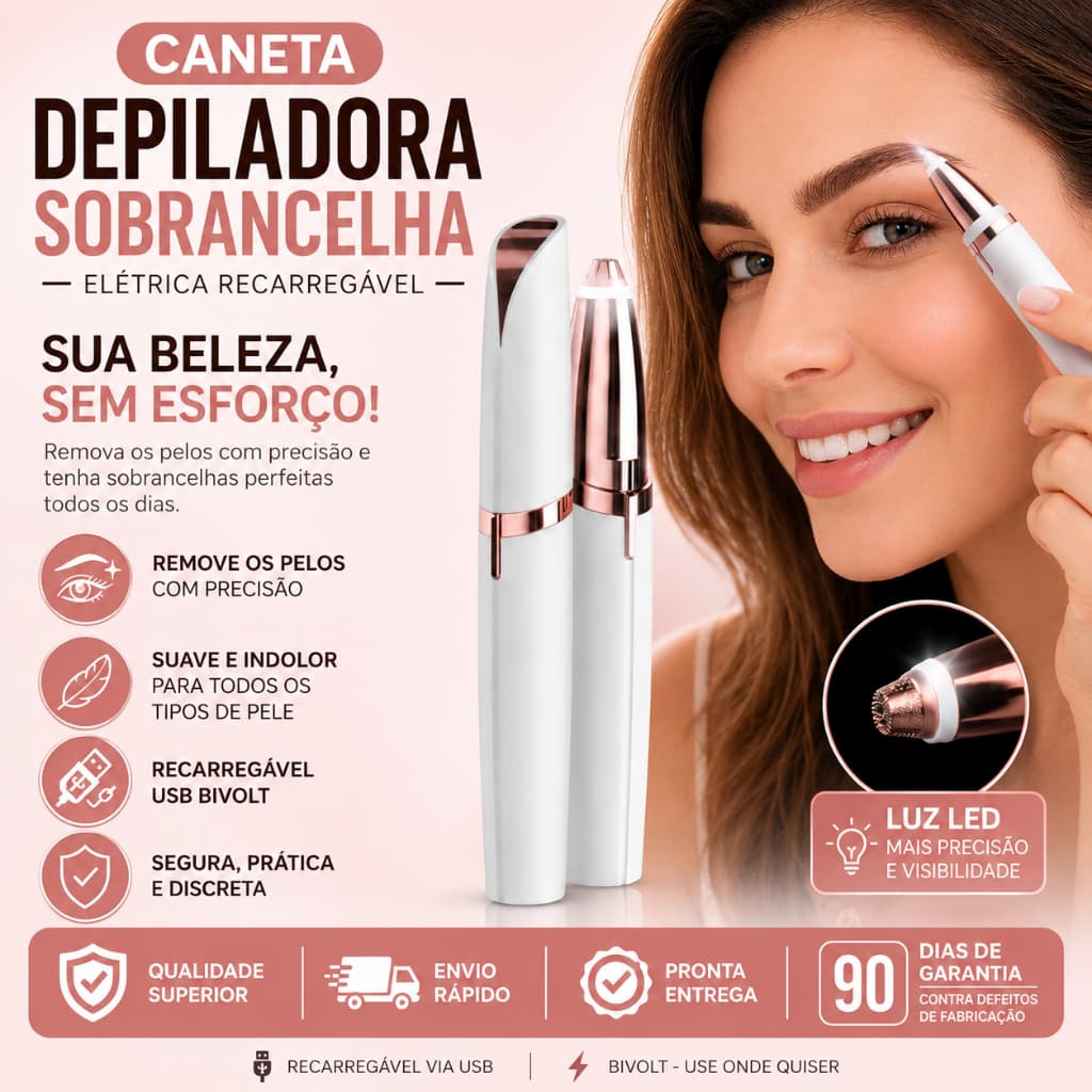 Caneta Depiladora de Sobrancelha Elétrica Recarregável USB Removedor de Pelos Facial Indolor Portátil Bivolt