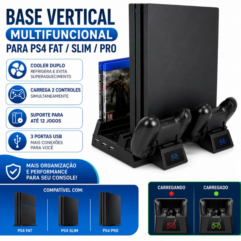 Base Vertical PS4 Fat Slim Pro Com Cooler Carregador 2 Controles E Suporte Para 12 Jogos.