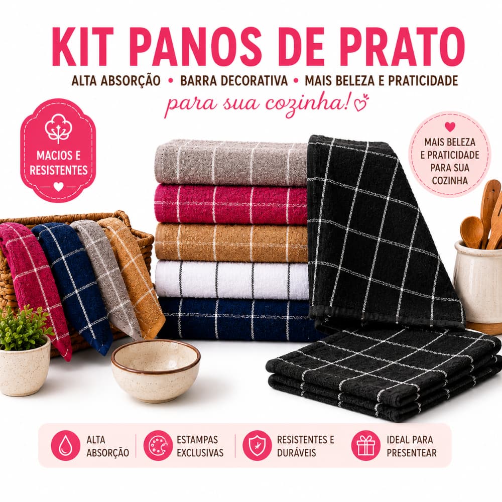 Kit 5 ou 10 Panos de Prato Copa Atoalhados Xadrez 45x70 100% Algodão Alta Absorção Escolha Cores