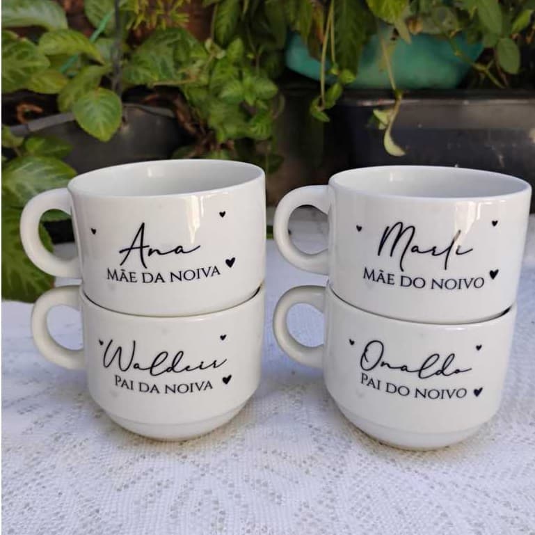 Kit 4 Xícaras Personalizadas 180ml Pais dos Noivos | Presente Casamento Porcelana padrinho madrinha