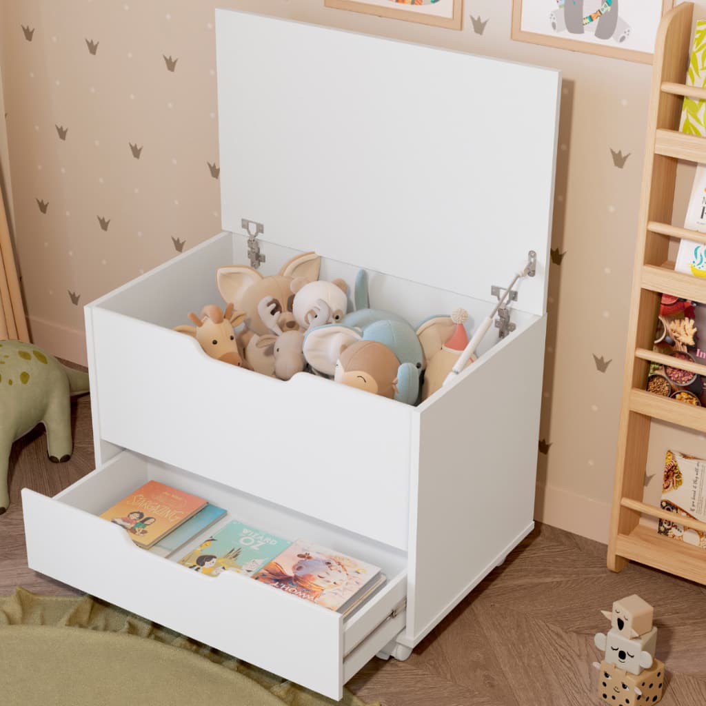 Baú Organizador de Brinquedos e Multiuso com Gaveta para Quarto infantil Moderno Decorativo Rodízios - CORES