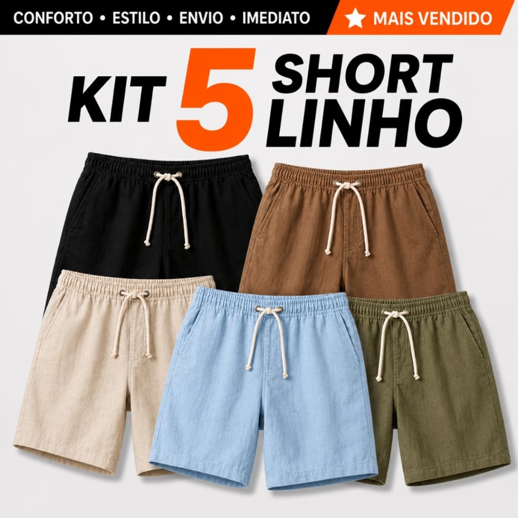 Kit 5 Short Masculino Linho Premium Bermuda Mauricinho Casual Praia Verão Com Bolsos Elástico Cordão