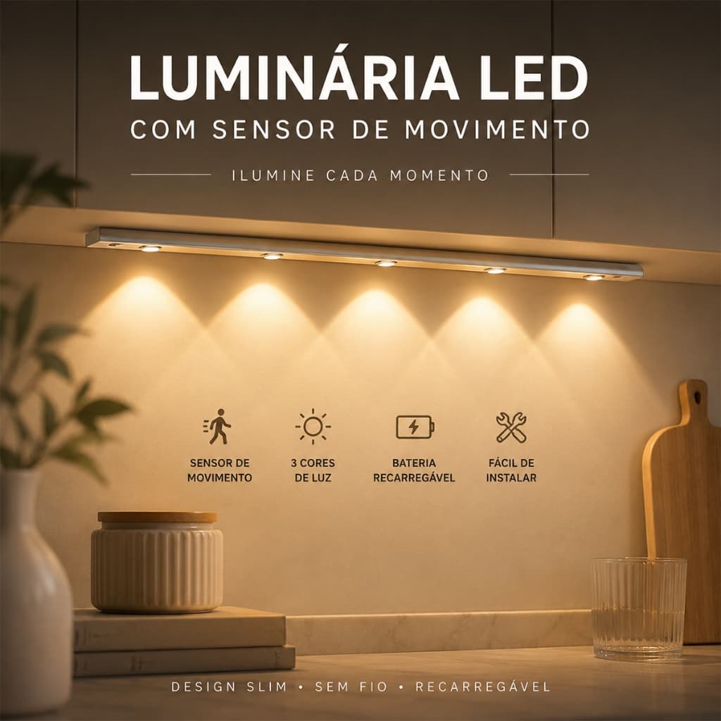 Luz de Ultra Fina Com Sensor Sem Fio USB Recarregável 3 Tons de Luz LED 40/60cm