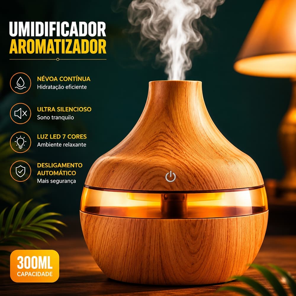 Umidificador De Ar E Aromatizador De Iuz De 7 Cores Com Design De Tampa Aberta Fácil Sem Ruído