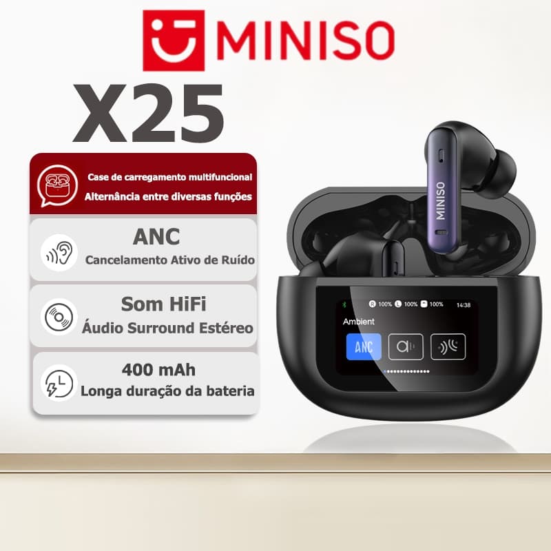 Fone Bluetooth MINISO X25 com ANC de cancelamento ativo de ruído, som HiFi, case de carregamento multifuncional, resistê