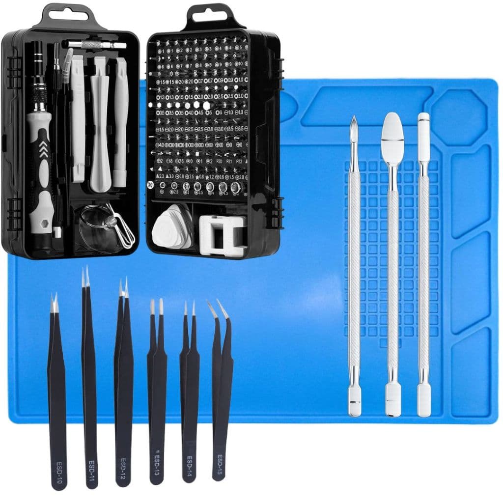 Kit Reparo 125 Peças Chaves de Precisão  Manta Silicone 6 Pinças Antiestáticas 3 Espátulas