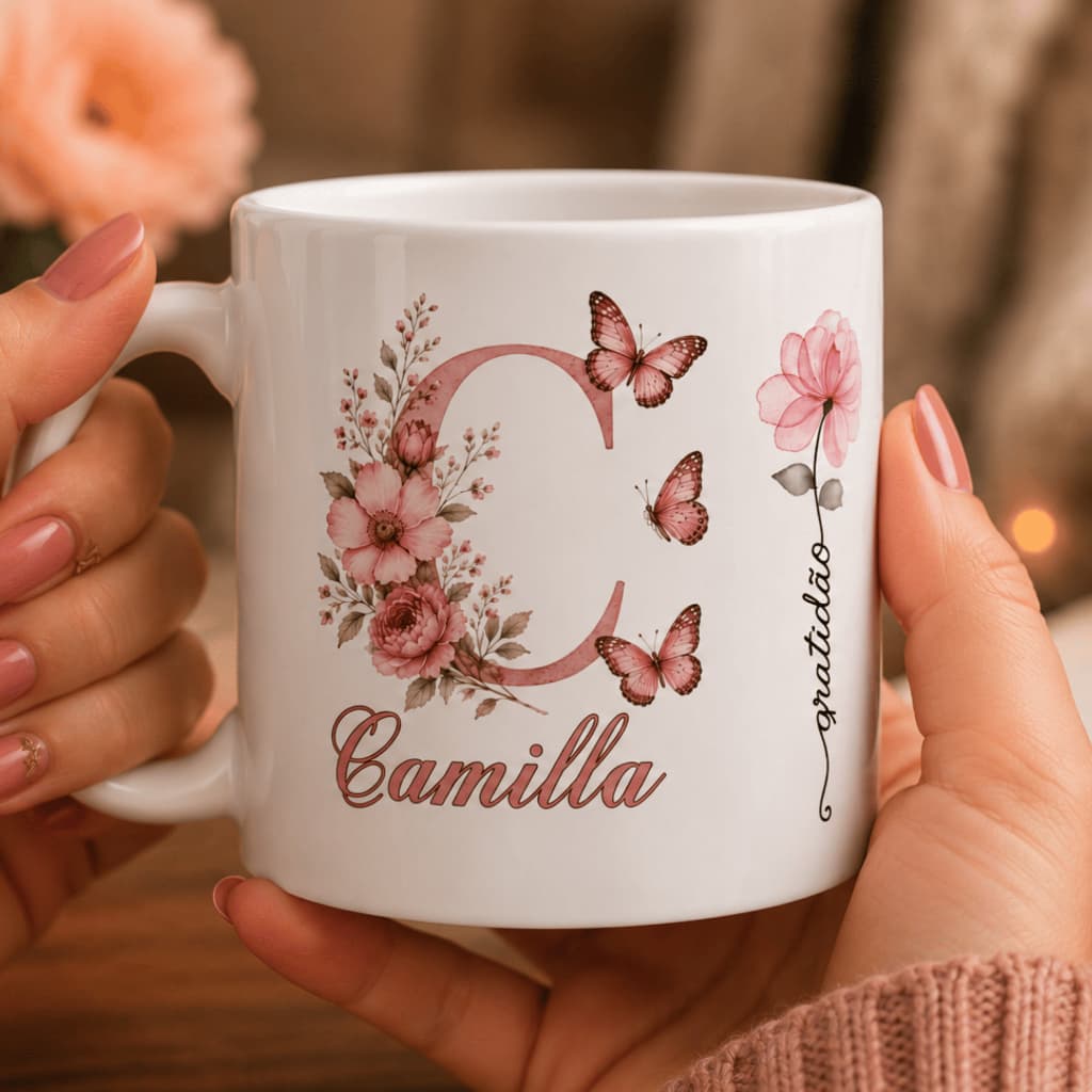 Caneca Personalizada com Nome inicial floral 325ml porcelana