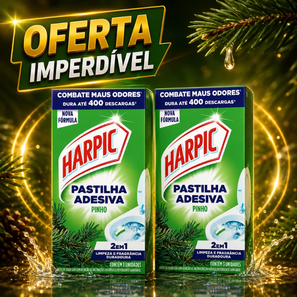 BOX /c 02 Harpic Limpador e Aromatizador Sanitário Pastilha Adesiva Power 2 em 1 Pinho 3 unidades