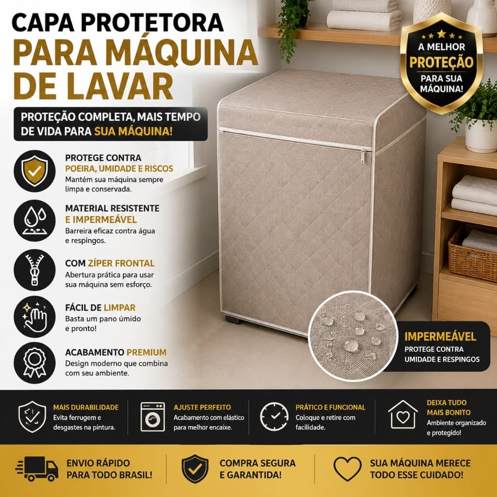 Capa Protetora Maquina Lavar Forrada Impermeavel Bege Tamanho Medio Lavanderia Resistente