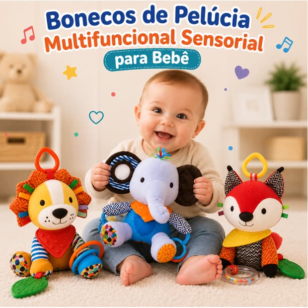 Boneco de Pelúcia Multifuncional Mobile Sensorial para Bebê - Mordedor Macio, Chocalho, Argola, Sino