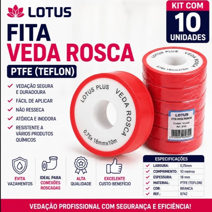 KIT 10 Unidades De Fita Veda Rosca Com 10 metros | 0,75 x 18mm | 8742
