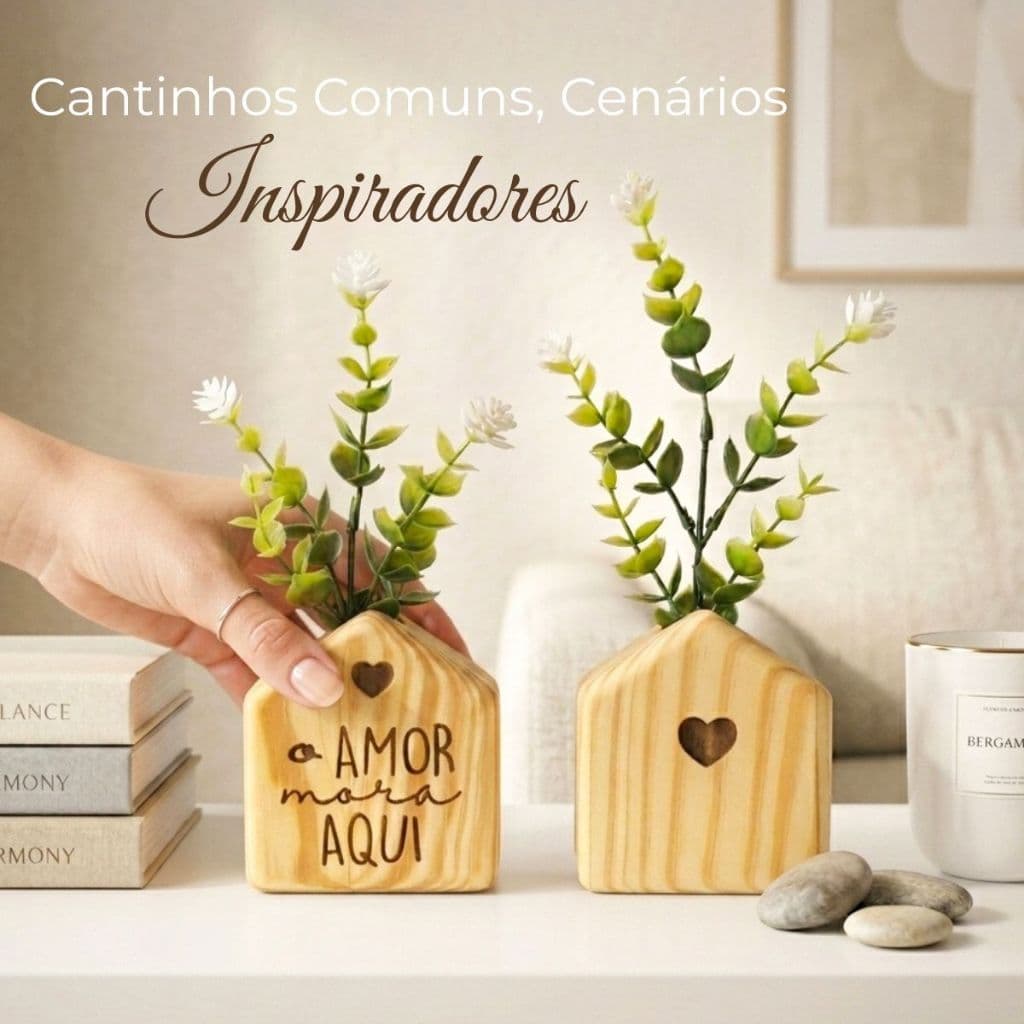 Vasinho Vaso Casinha em Madeira Enfeite Decorativo para Sala Quarto Cozinha com Flores Artificiais