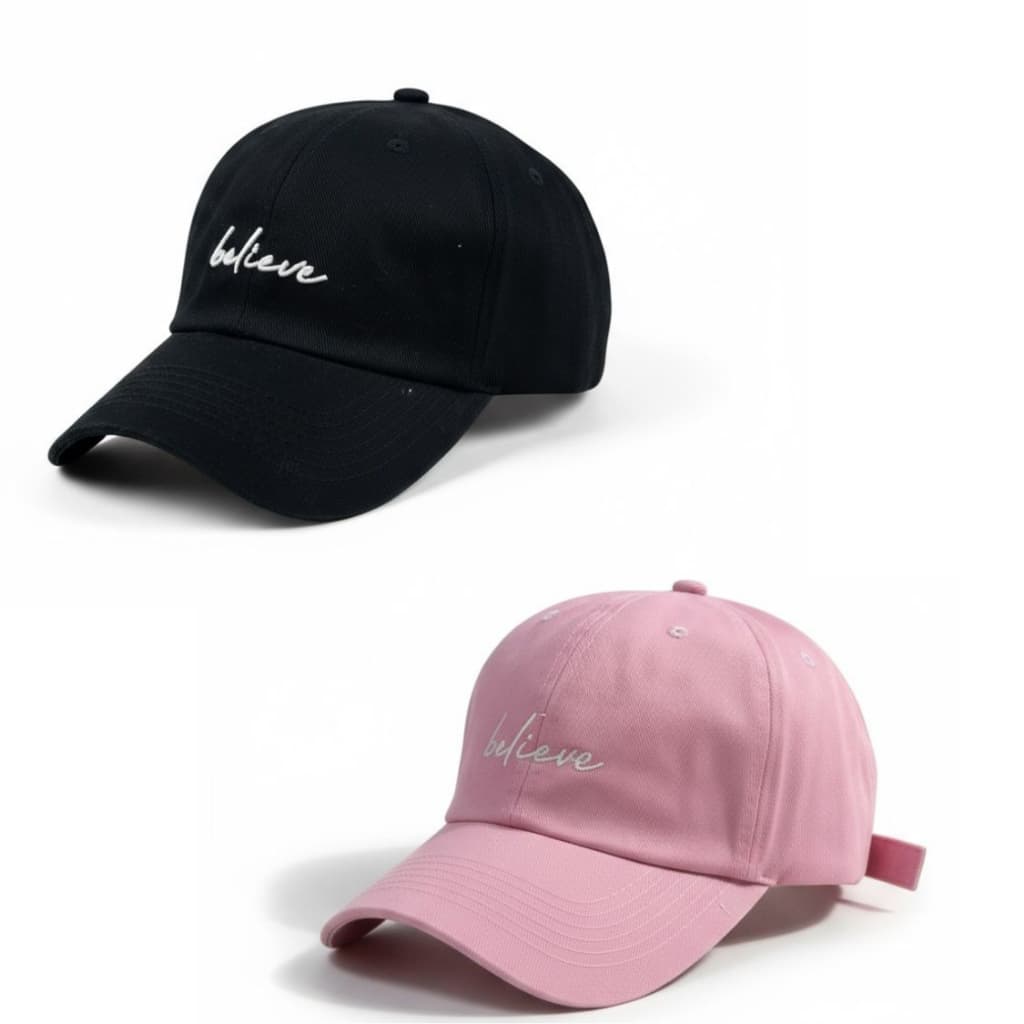 Kit 2 Bonés Believe Retro Basebol Aba Curva Masculino Feminino Rugulagem Fitão Ajustavel Dad Hat