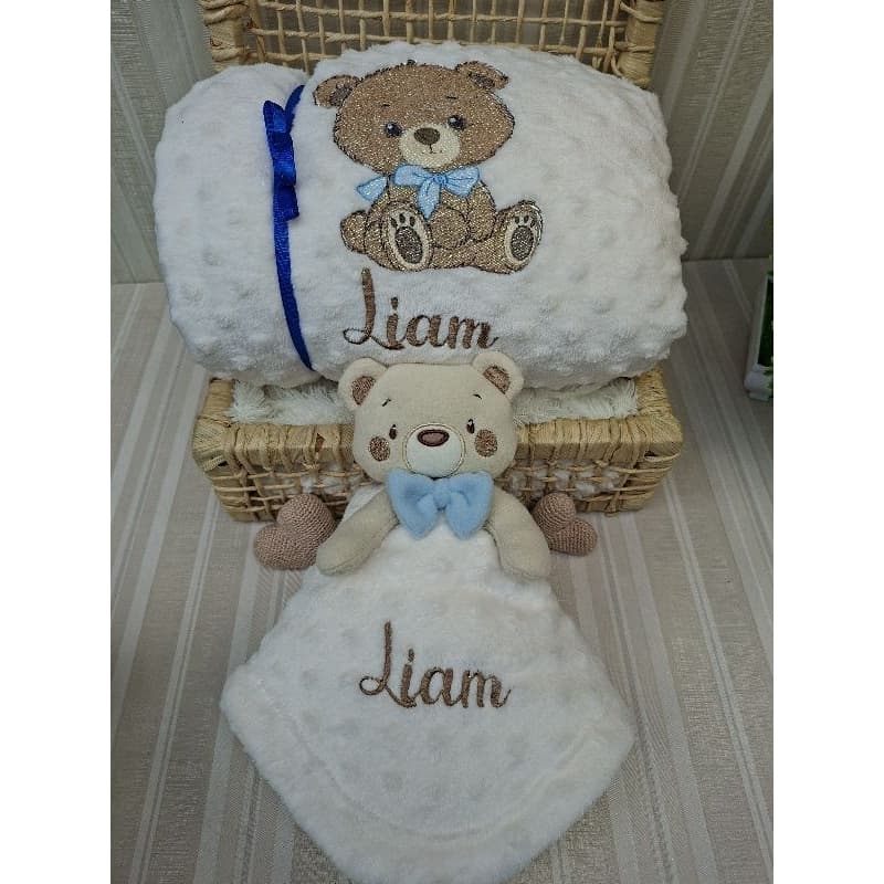 Kit Manta pipoquinha com Naninha  urso menino maternidade personalizada bordada