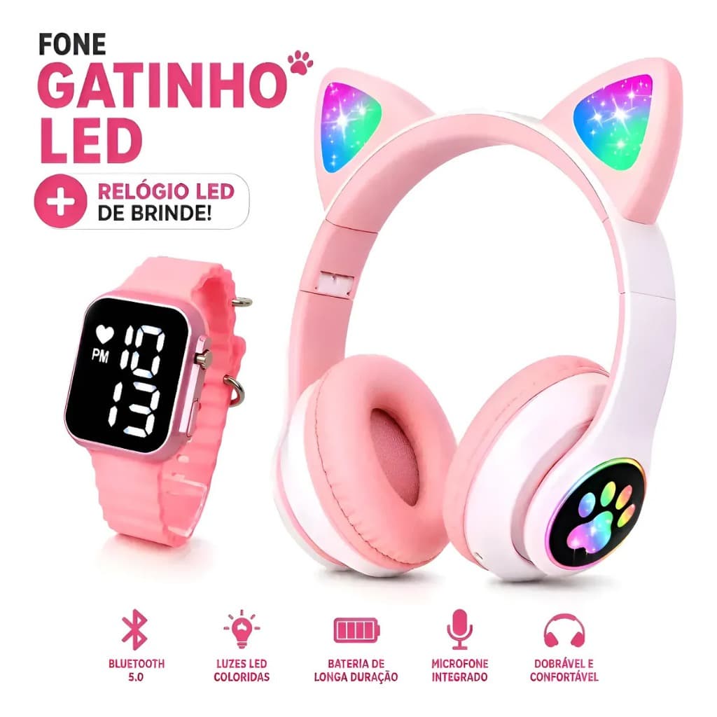 Fone de Ouvido Bluetooth Gatinho sem fio Orelha De Gato Headphone  Com Led Fone