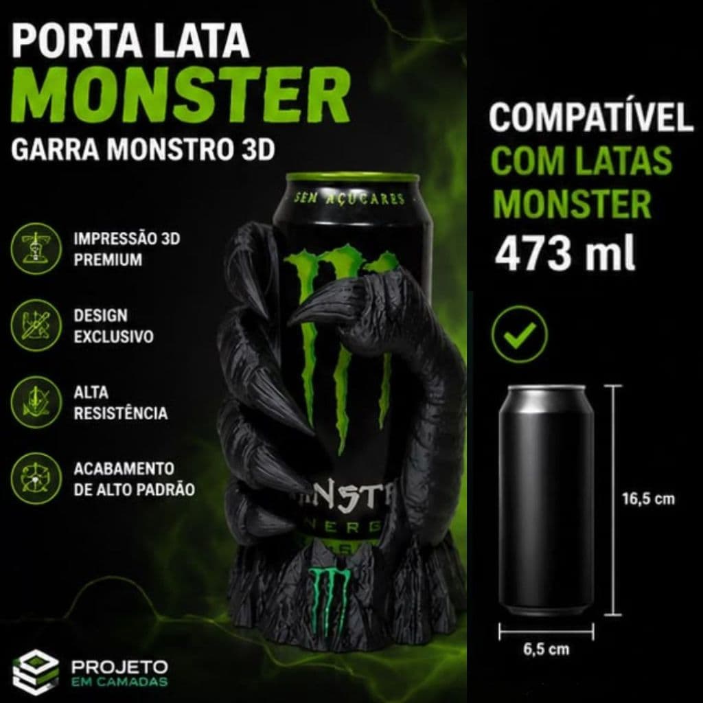 Porta Lata Monster 473ml Garra Monstro 3D Exclusivo | Suporte para Energético | Impressão 3D Premium