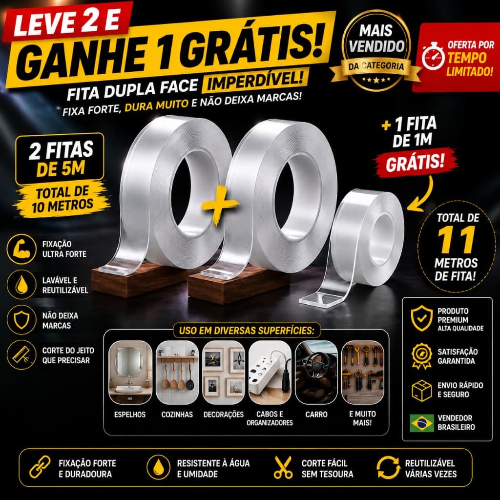 Fita Dupla Face Nano Transparente kit com 2 unidades 5m + 1m Grátis Forte Lavável Reutilizável Multiuso