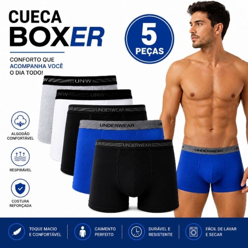 Kit 5 Cuecas Boxer Adulto Em algodão Confortavel E Suavel Para Dia A Dia Cores Sortidas
