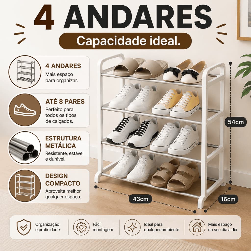 Sapateira Multiuso 4 Andares Organizador para 8 Pares Compacta Closet Quarto Corredor