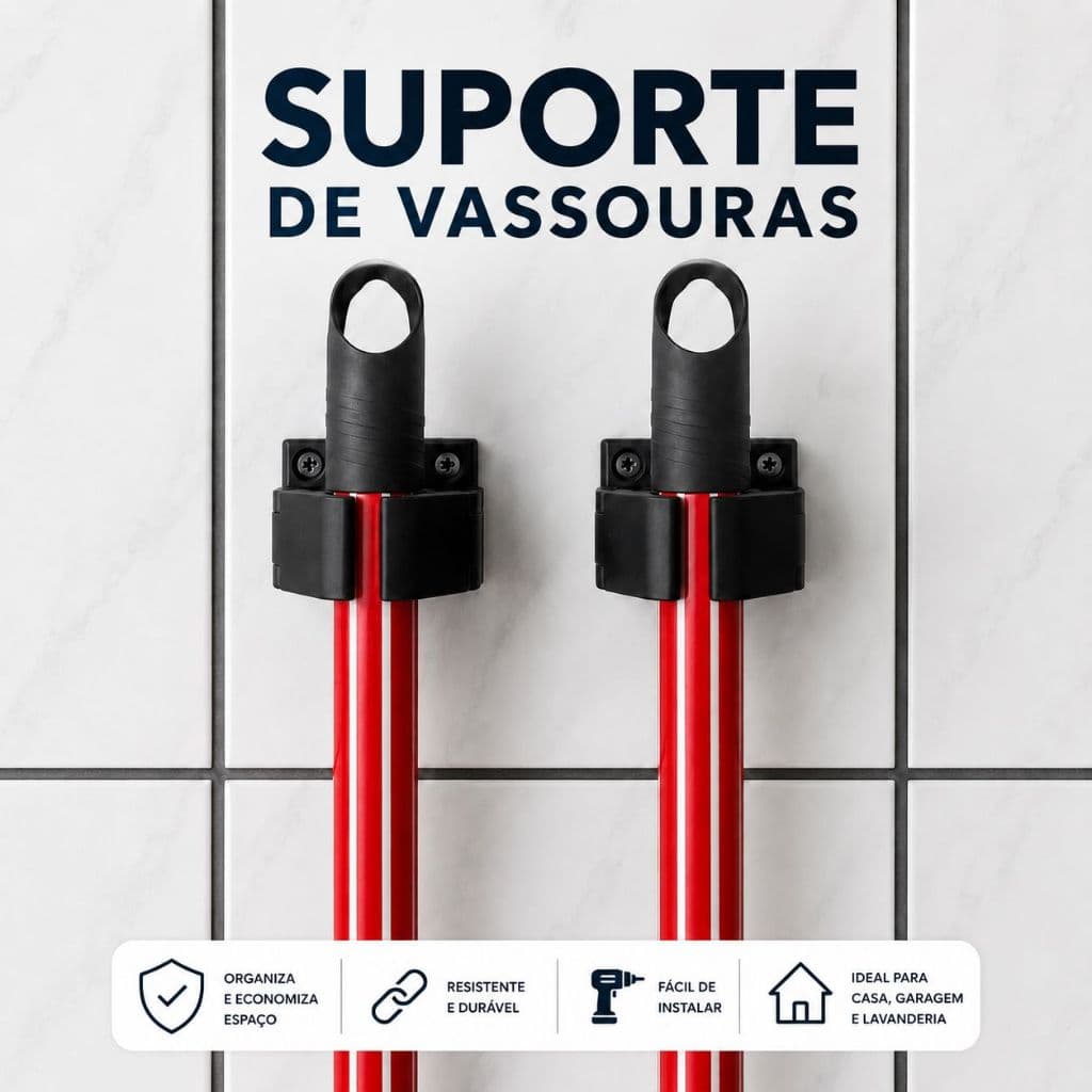 kit 4 Suporte Porta Vassoura para Parede Organizador Multiuso Fixador de Cabos Rodos e Mops