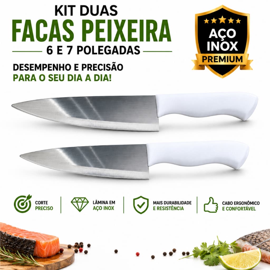 Kit Duas Facas Peixeira 6'' e 7'' Polegadas Aço Inox Cozinha Premium Churrasco, Legumes, Peixes Industrial Doméstico