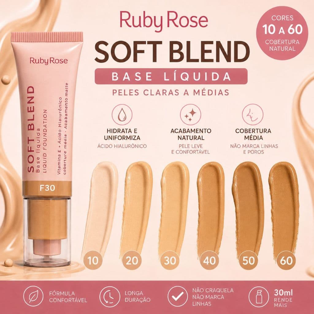 Base Líquida Ruby Rose Soft Blend Cobertura Natural F10 a F60 - peles claras e médias