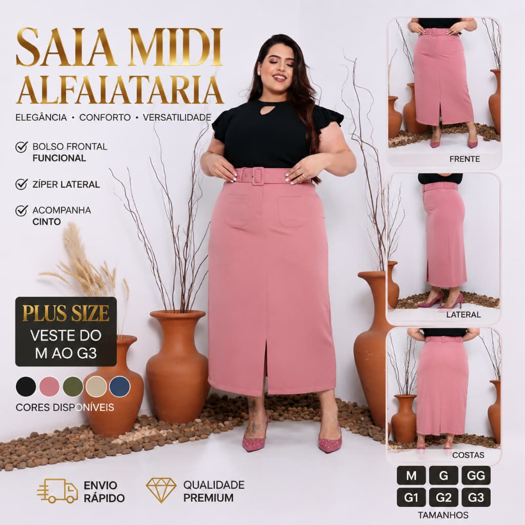 Saia Mídi Alfaiataria Moda Evangélica Con Cinto Forrado  Ref 0043