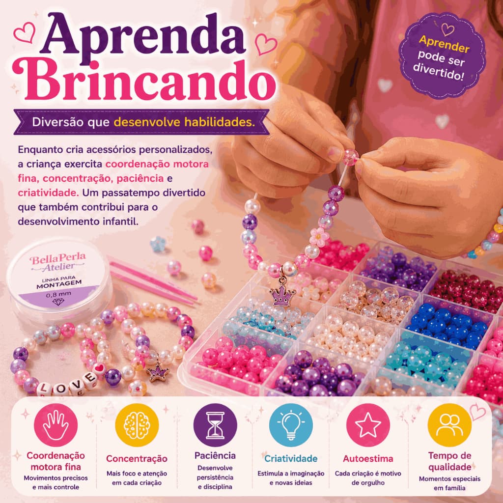 Kit Miçangas Para Pulseiras Infantil Completo Com Caixa Organizadora Fazer Colares e Bijuterias BellaPerla Atelier