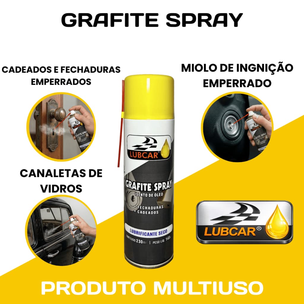 Grafite Spray Lubrificante a Seco 230ml Lubcar – Fechadura Cadeado Canaleta Vidro Isento de Óleo