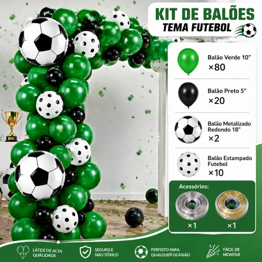 Kit Arco de Balões Tema Futebol Verde e Preto com Balões Metalizados para Festa e Aniversário