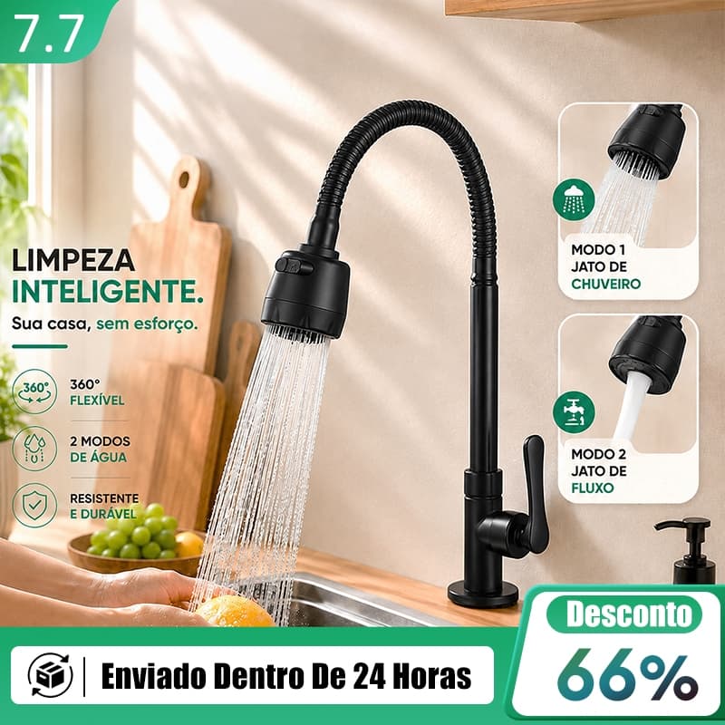 Torneira Cozinha Gourmet Bancada Flexível 1/4 Volta Cromo e Válvula Misturadora
