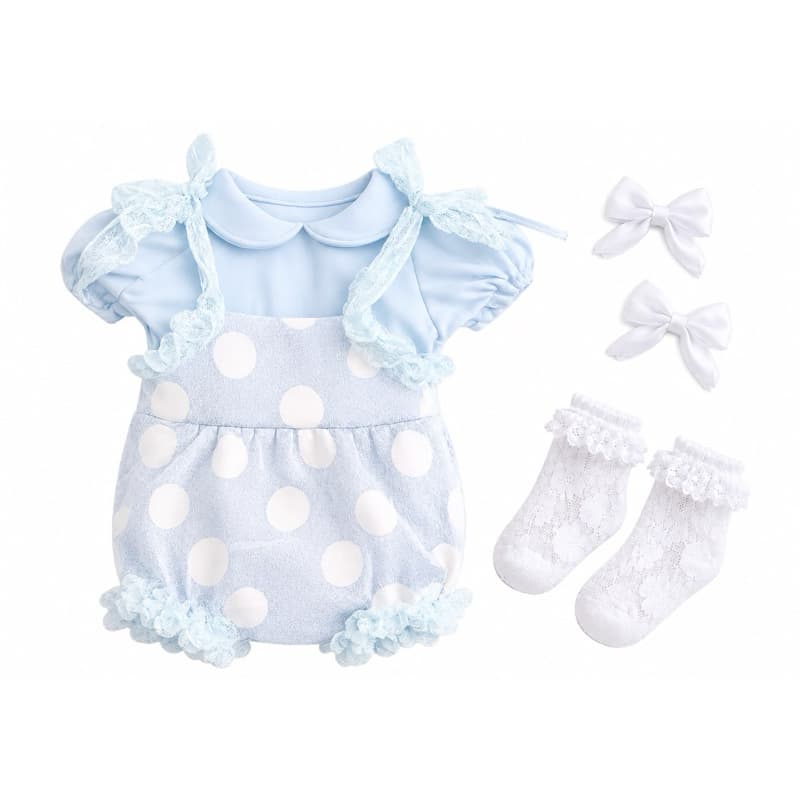 Kit Roupinha boneca Bebê Reborn prematura 30 a 34cm | Macacão + Body + lacinhos + Meias | Menina SONHO Azul
