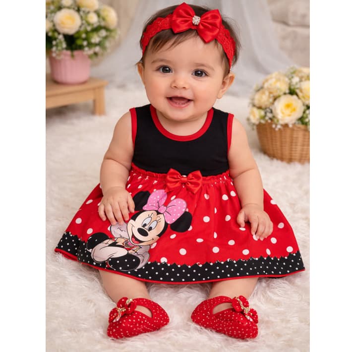 Vestido Romper de Bebê Menina Minnie temático mesversario book verão passeio Recém Nascida Minie