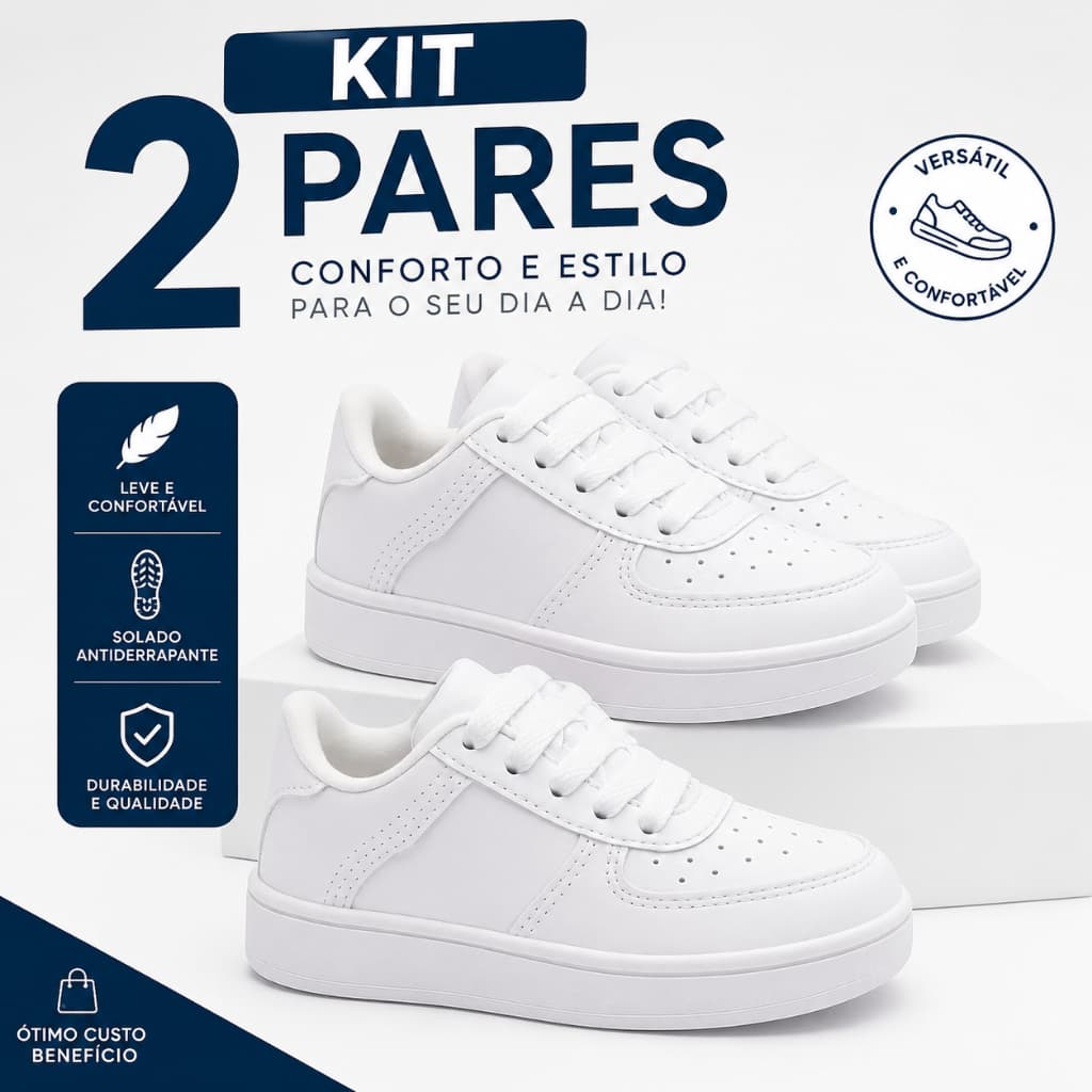KIT 2 PARES Tênis Branco para Bebê e Infantil: Conforto Estilo do 18 ao 33 Resistente Leve Novo Original