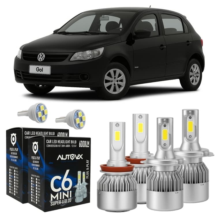 Kit Top Lâmpadas Super Led VW Gol 2008 A 2018 Farol Alto Baixo Milha 6000 Lm + Pingo T10 - Lâmpadas de Led