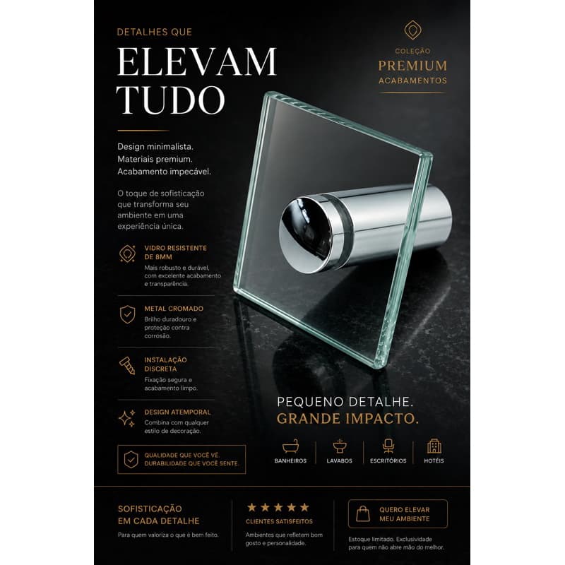 Porta Toalha, Pano,Porta Chapéu,  Boné-Suporte de Vidro Incolor 08mm com Prolongador de Alumínio kit 01/02 unidades.