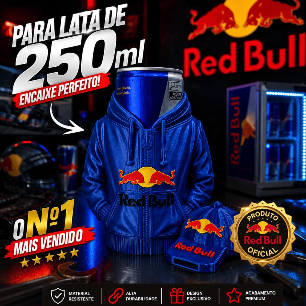 Porta lata Red Bull modelo Moletom 250 ml modelo Exclusivo kit abridor e tampa 2em1