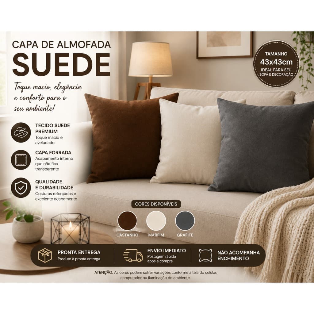 Duas Capas de Almofada Suede Forrada 43x43cm | Toque Macio, Elegante e Durável