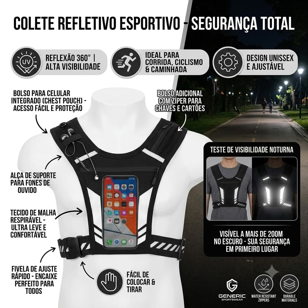 Colete Refletivo para Corrida Caminhada Ciclismo Esportivo Segurança Noturna Unissex Ajustável